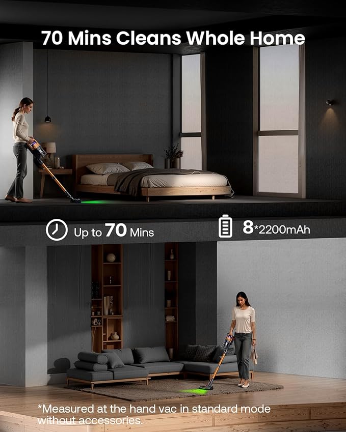 Cordless Vacuum Cleaner for Home Upgraded 60Kpa Powerful Suction Pet Hair Vacuum with 70min Runtime Green LED Light for Hardwood Floors &amp Carpet Self-Standing Rechargeable Stick Vacuum Golden