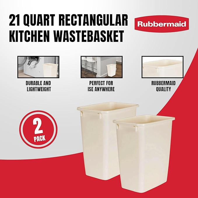 Rubbermaid 21 Quart Traditional Rectangular Plastic Open Wastebasket Trash Can for Kitchen Bathroom and Home Office Bisque (2 Pack)