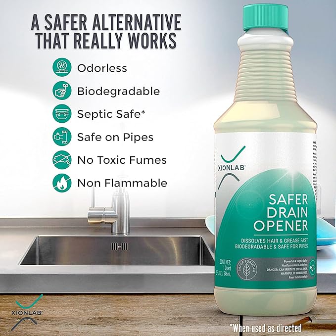 XionLab Safer Greener Drain Clog Remover – Industrial-Strength Liquid Drain Cleaner for Hair &amp Grease – Septic Safe Odorless Biodegradable for Bathroom Sink Bath Tub &amp Shower Drain – 32 o