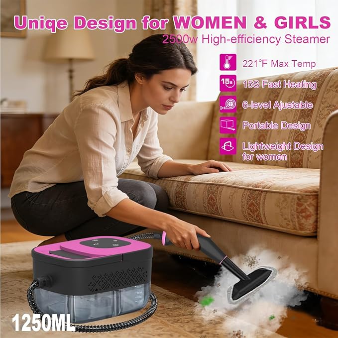 Portable Steam Cleaner for Cleaning with 16pcs Accessories 6-Level Adjustable 15s Heat-Up Handheld Steam Cleaner for Home Tile Grease Dirt Car Detailing Lightweight Design for Women&amp Girls