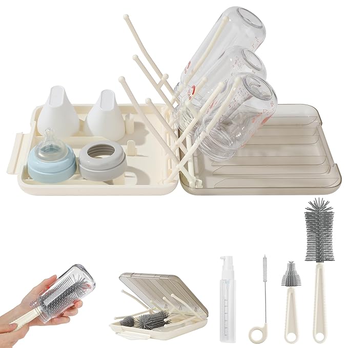 6 in 1 Baby Bottle Brush SetBottle Cleaner Brush Kit with Silicone Bottle BrushDrying RackNipple BrushStraw BrushSoap Dispenser&ampStorage BoxPortable Baby Essentials for Home&ampTravel (White