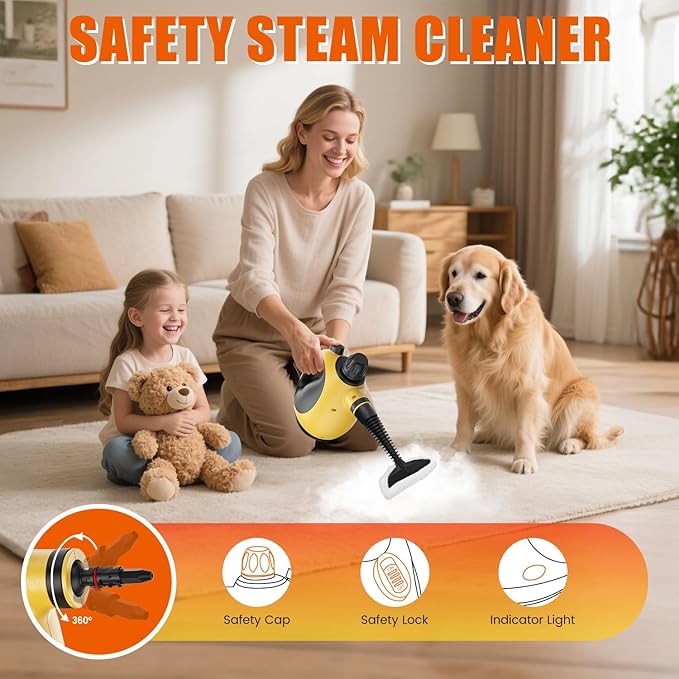 Handheld Steam Cleaner for Home - Pressurized Handheld Steamer for Cleaning with High Pressure Chemical-Free Multi-Purpose Portable Deep Steam Cleaner for Cleaning Windows Couch(Yellow)