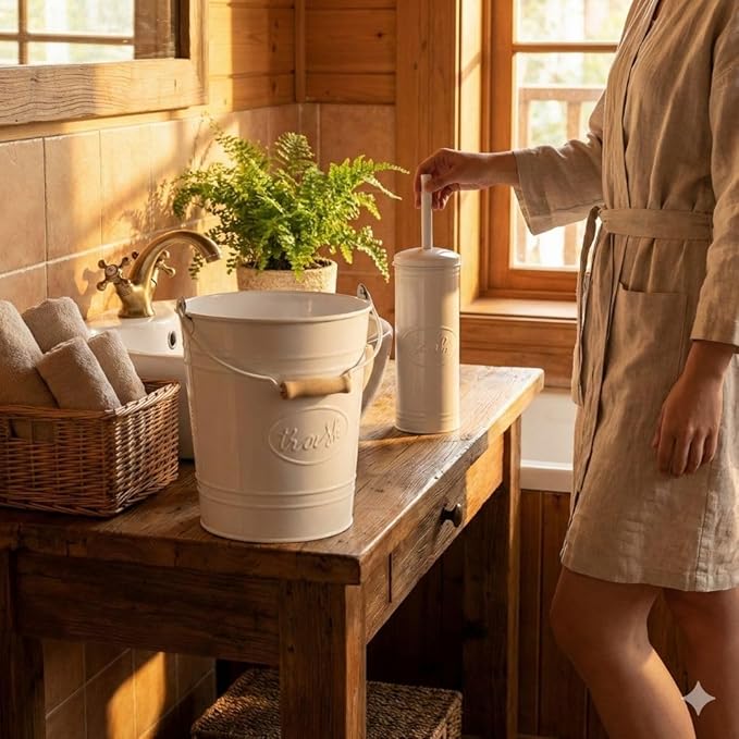 Autumn Alley Rustic Farmhouse White Bathroom Trash Can and Toilet Brush Set – Bathroom Accessories for Modern Farmhouse Charm White Trash Can with Toilet Brush and Holder 2 Gal. Capacity
