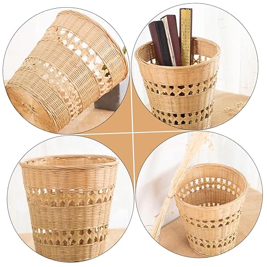 Alipis Retro Woven Wastebasket Home Rubbish Can Stylish Sundries Storage Basket for Bathroom Office Decor