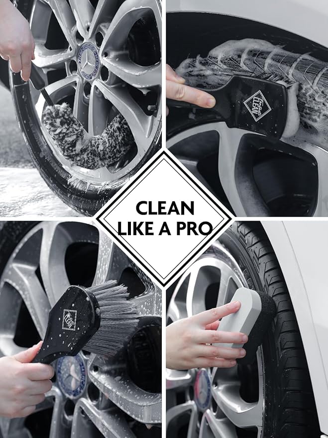 Fantasticlean 7PCS Car Wheel Cleaning Pro Kit Tire Brush Soft-bristled Rim Brush Microfiber Flat Wheel Brush Double-Ended Detailing Brush Detailing Pads Scratch-Free &amp Multipurpose