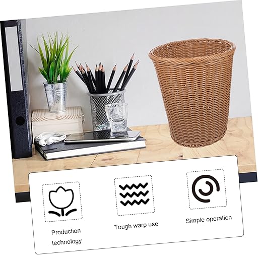 Woven Wastebasket Rust-Resistant Iron Handcrafted Faux Rattan Design Round Trash Bin for Office Home and Guest Rooms