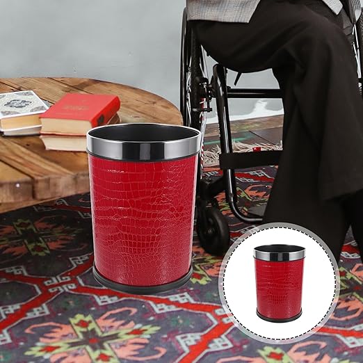 Trash Can with 12L Capacity Red Embossed Pattern Garbage Bin with Stainless Steel Ring Single-Layer Rubbish Bin for Hotel Rooms Bedrooms and Office Wastebasket
