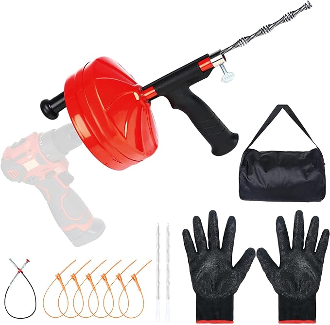 50 Ft Drain AugerUse Manually or Drill Powered 50 Feet Drain SnakeHeavy Duty Flexible Plumbing SnakeWith Gloves and Storage Bag for Kitchen Sink Shower Drain (50FT Red)
