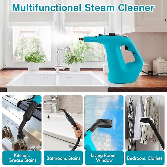 COSTWAY Handheld MultiPurpose Steam Cleaner with 17 Pieces 350ml Large Capacity Steam Mop Continuous Fill water Portable Chemical-Free Steamer for Home Use Floors Windows 1400W Blue