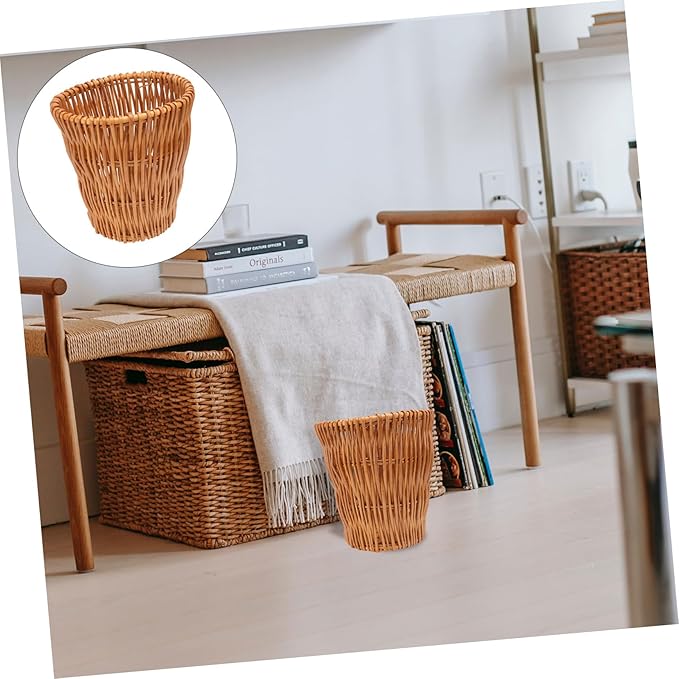 Unomor 1pc Woven Wastebasket Rattan Trash Can for Bathroom Bedroom Office Compact Design Stylish Decorative Storage Container Natural Diameter Height