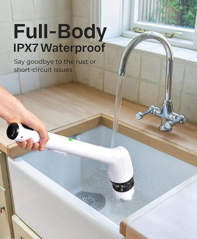 LyriFine Electric Spin Scrubber New Full-Body IPX7 Waterproof Bathroom Cleaner Brush Shower Scrubber with Long Handle &amp 2 Speed Heads Replacement Cleaning Supplies for Tub Shower Tile Floor