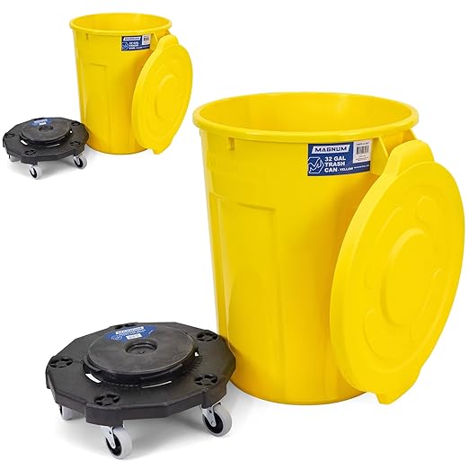 Magnum Yellow 32 Gallon Trash Can Set (Trash Can Quiet Dolly and Reinforced Lid) Construction Grade Jobsite Ready Non-Marking Wheels &amp Casters for Rolling Garbage CMTC-CLD0-32Y02 (2 Set)