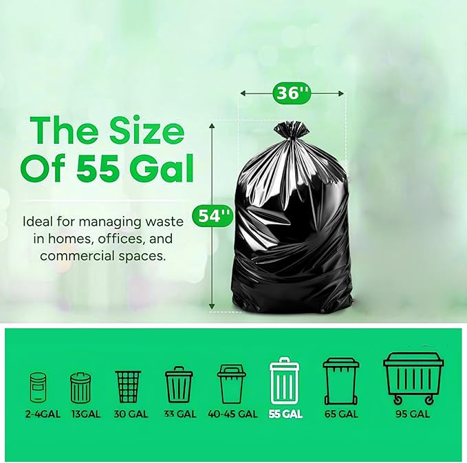 150 Count | 55 Gallon Trash Bags | 150- Pack | Heavy Duty Trash Bags | Heavy Duty Garbage Bags | Black Garbage Bags | Large | 20 Micron
