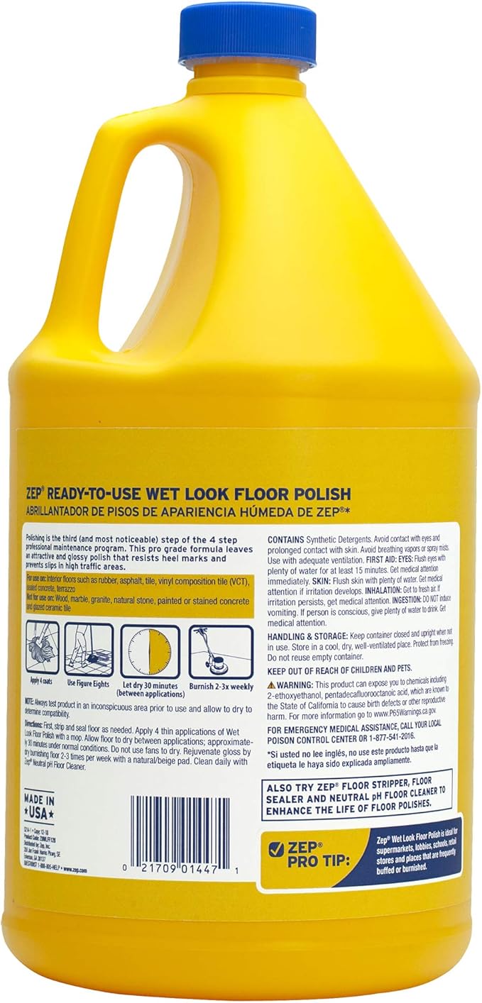 Zep Wet Look Floor Polish - 1 Gallon (Case of 2) ECZUWLFF1282 - Long Lasting Glossy Finishing Polish Scuff &amp Slip Resistant for Vinyl (VCT) Sealed Concrete Rubber and No-Wax Tile Floors