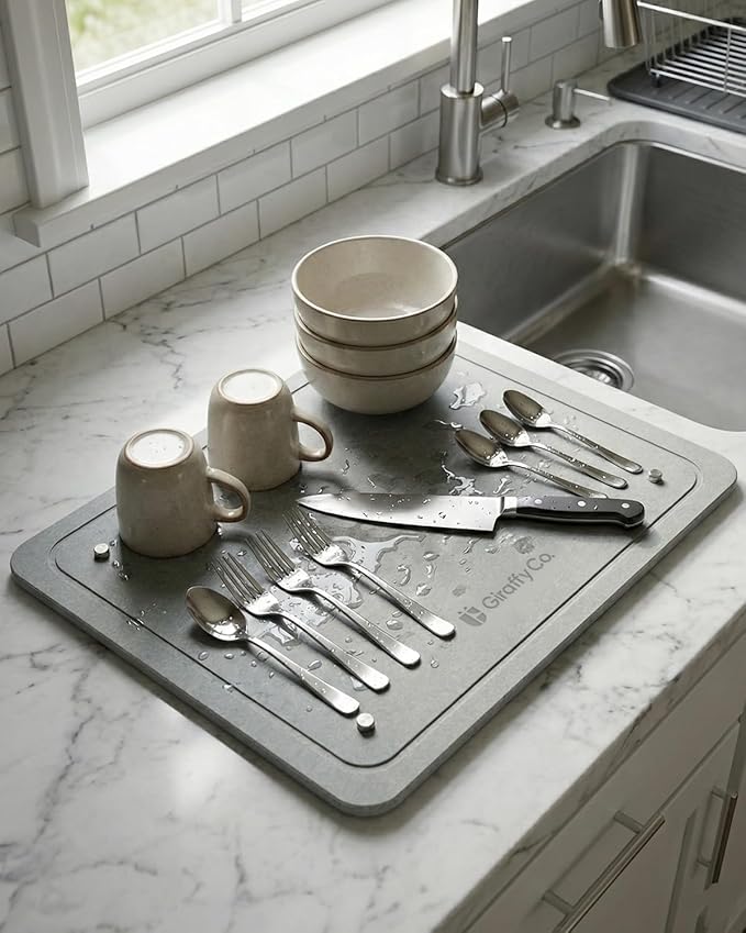 Stone Dish Drying Mat (Grande Solo) Large Quick‐Dry Drying Stone Mats for Kitchen Counter Raised Rod Support for Airflow Sandpaper Included Drying Tray for Dishes Cups &amp Bottles