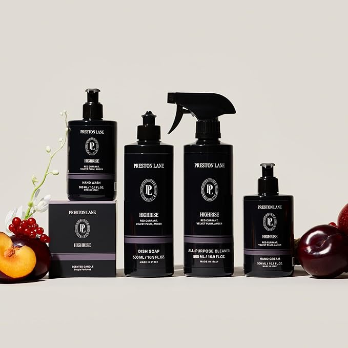 Preston Lane Signature Home Set – All Purpose Cleaner Dish Soap Hand Wash Hand Cream &amp Scented Candle | Plant-Powered Cleaning &amp Care Essentials with Fine Italian Fragrance Highrise