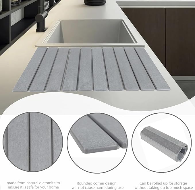 Foldable Stone Dish Drying Mat 24(L)×16(W) Fast Dry Water-Absorbent Collapsibl Eco-Friendly Diatomaceous Earth Dish Drying Mats for Dishes Cookware Cups Fits Any Countertop Gery