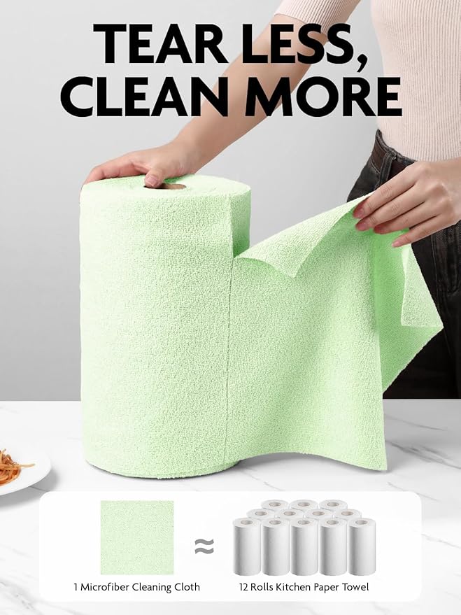 Fantasticlean Microfiber Cleaning Cloth Roll -75 Pack Tear Away Microfiber Towels 12 x 12 Reusable Washable Scratch Free Ultra Absorbent Dishcloth for All-Around Cleaning Supplies (Green)