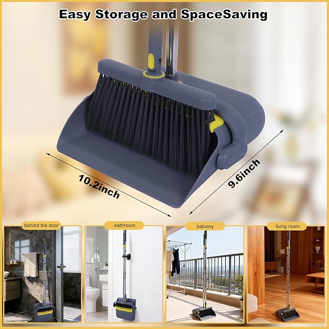 Heavy Duty Broom and Standing Dustpan Combo Set Rotatable Head Dust Pan and Brush Set with Collapsible Handle Cleaning Teeth Hanging Loop Ideal for Pets RV Kitchen Camping Outdoor Floor Gray
