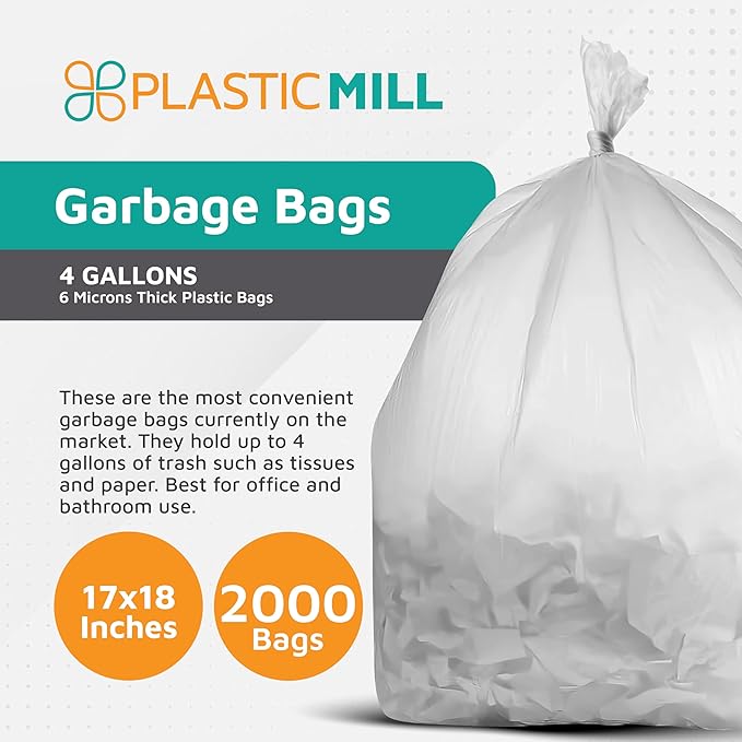 PlasticMill Heavy Duty Trash Bags - Clear Garbage Bags - Plastic Trash Bags - Kitchen Bathroom Office Garbage Bags Trash Can Liners - 4-Gallon Small Trash Bags 6 Microns 17x18 (2000-Count)