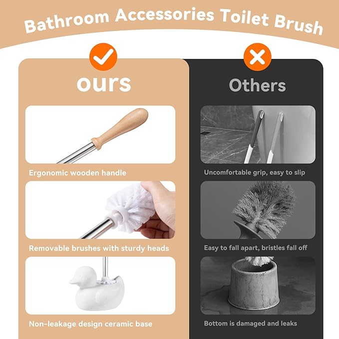 White Toilet Brush and Holder SetCute Duck Bathroom Decor Non-Slip Handle Toilet Bowl Brush Practical Bathroom Accessories Cleaning Tools Set