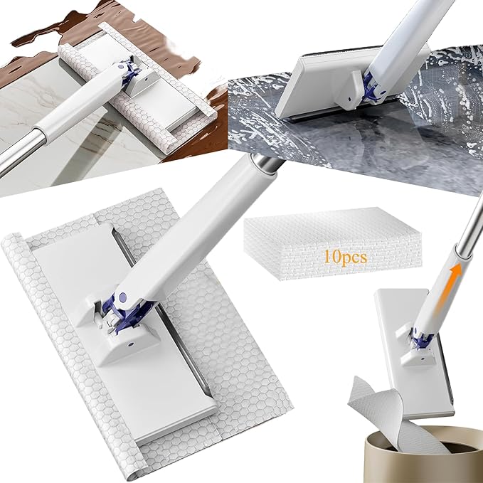 Snap Grip Mini Mop - 52.4 x 6.3 Stainless Steel Sweeper with Cleaning Scraper Hands-Free Cloth Changing Tool for Wall and Window 11-Pc Kit with 10 Disposable Wipes