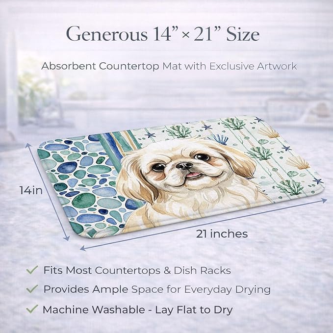 Caroline's Treasures Cream Pekingese Coastal Sea Glass Dish Drying Mat Absorbent Dish Drying Mat Pad for Kitchen Counter Dish Drainer Mat for Countertop 14 x 21 Multicolor
