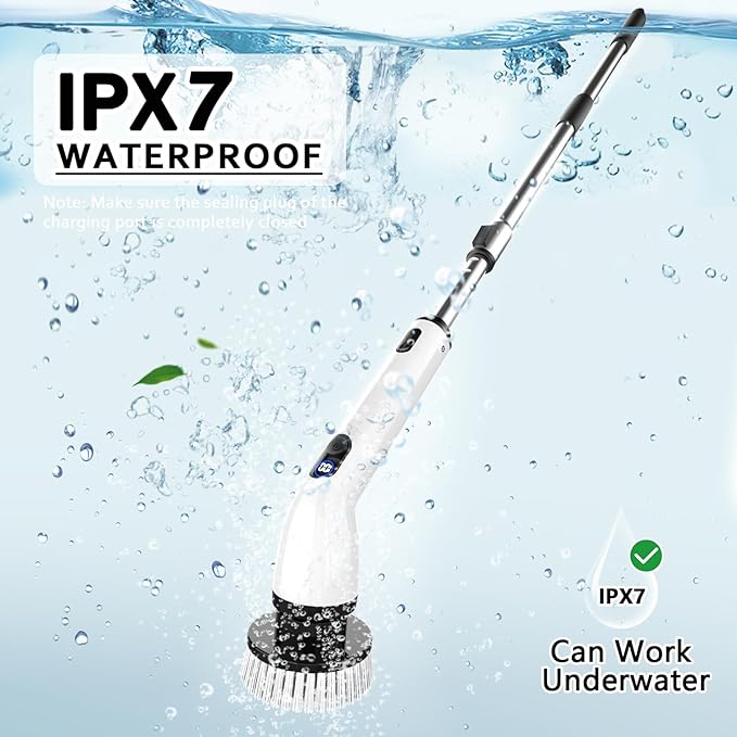 TUYU Electric Spin Scrubber Full-Body IPX7 Waterproof Bathroom Scrubber with Power LCD Display Adjustable Extension Handle Cordless Shower Cleaner Brush for Bathtub Kitchen Wall Cleaning
