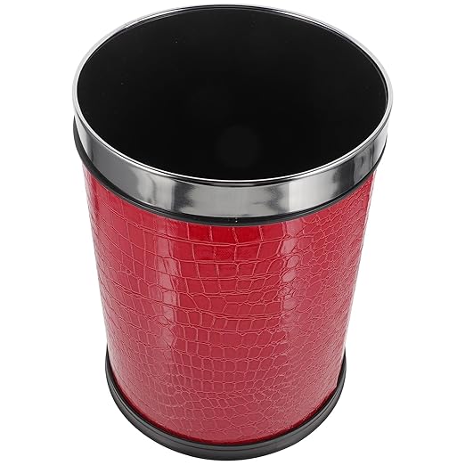 Trash Can with 12L Capacity Red Embossed Pattern Garbage Bin with Stainless Steel Ring Single-Layer Rubbish Bin for Hotel Rooms Bedrooms and Office Wastebasket
