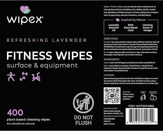 Wipex Gym Wipes Bucket Refill – EWG Verified 400 Ct Plant-based Fitness Equipment Wipes Lavender and Vinegar to Clean Surfaces Safe Yoga Mat Cleaner Gym Cleaner and Peloton