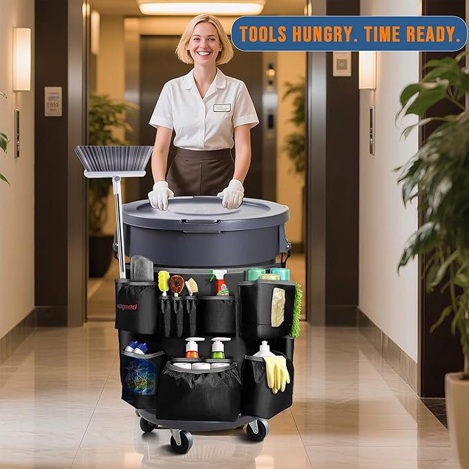 Trash Can Caddy Bag for 32-55 Gallon Garbage Bin Hongmed Caddy for Commercial Cleaning Supplies Multi-Pocket Utility Apron with Adjustable Straps Heavy-Duty Nylon Organizer for Janitorial Duties