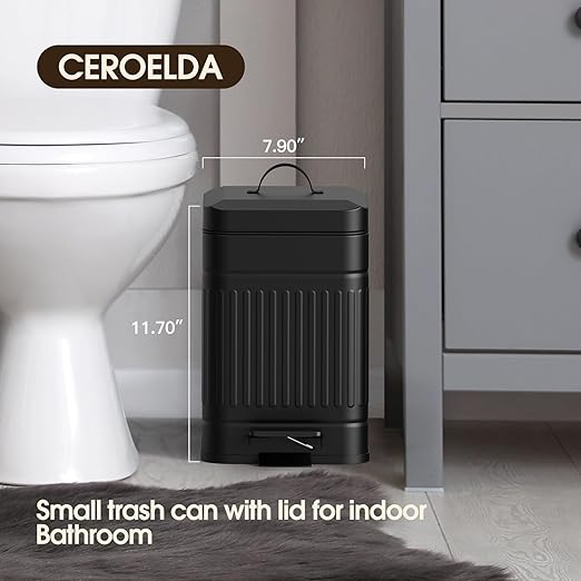 CEROELDA Small Trash Can with Lid-5L/1.3 GalStainless Steel Outdoor Dog Poop Garbage Can-Farmhouse Retro Metal Waste Bin w/Step Pedal for Bathroom Bedroom Office-Soft Close-Black