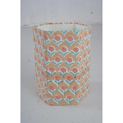 Floral Hand Block Printed 3.3 Gallon Decorative Waste Basket – Eco-Friendly Cardboard Trash Can Plastic-Free &amp Sustainable Perfect for Christmas and Housewarming Gifts (1 Yellow Blue FLOWAR)