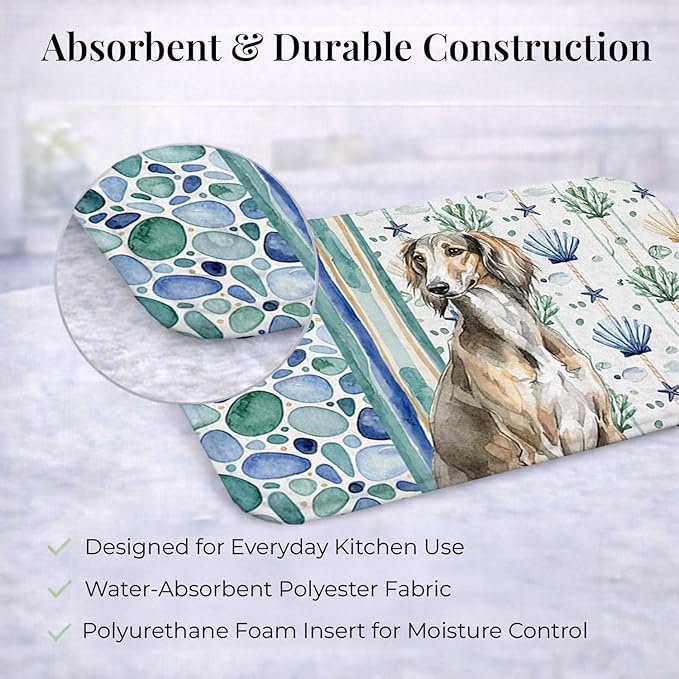 Caroline's Treasures Grizzle Saluki Coastal Sea Glass Dish Drying Mat Absorbent Dish Drying Mat Pad for Kitchen Counter Dish Drainer Mat for Countertop 14 x 21 Multicolor