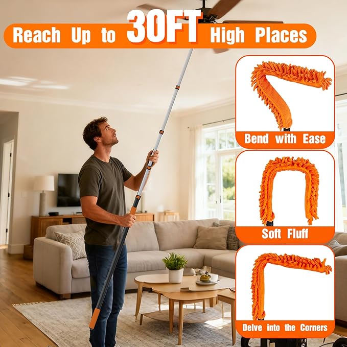 30FT Reach High Ceiling Duster Kit Window Cleaning kit with 5-24FT Extension Pole Fan Duster for Ceiling Fan Blades Microfiber Feather Duster Rotatable Window Squeegee and Cobweb Duster
