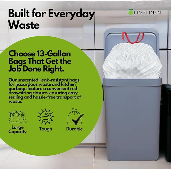 Mighty Flex 13 Gallon Trash Bags Drawstring 600ct Heavy-Duty Large Garbage Bags Ultra-Flexible Leak and Odor-Resistant Plastic Garbage Bags for Home and Commercial Use Unscented (White)