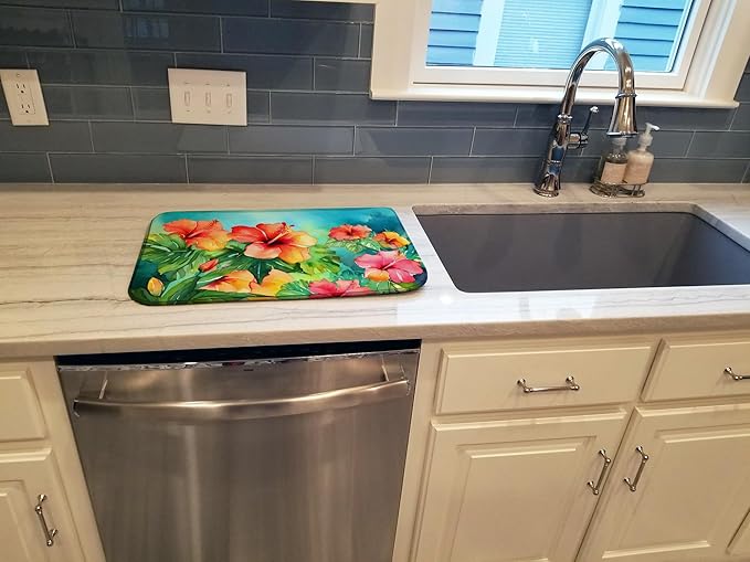 Caroline's Treasures DAC1642DDM Hawaii Hawaiian Hibiscus in Watercolor Dish Drying Mat Absorbent Dish Drying Mat Pad for Kitchen Counter Dish Drainer Mat for Countertop 14 x 21 Multicolor
