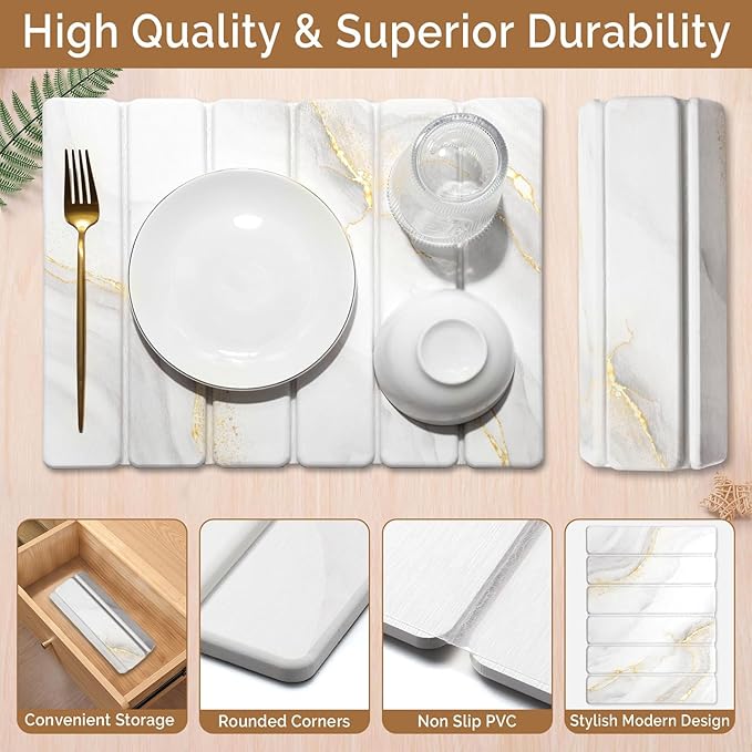 Small Stone Dish Drying Mat for Kitchen Counter 15.7×12 &amp 8x4 Quick Dry Stone Mats Foldable Water Absorbing Diatomaceous Earth Drying Dish Pad for Countertop Bottles Utensils Cup(Gold White)