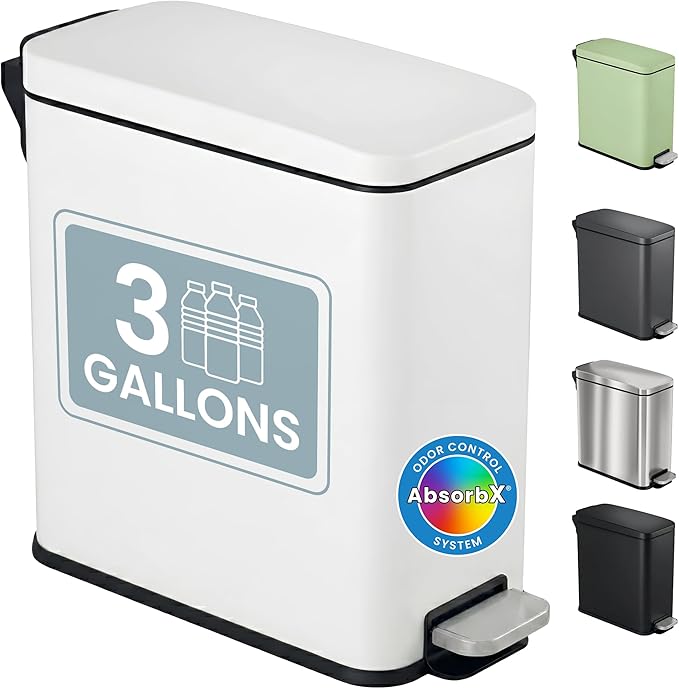 iTouchless 3 Gallon Small Wastebasket for Bathroom with Lid Deodorizer Soft-Step Stainless Steel Slim Garbage Bin 11.5L White Small Trash Can Step Pedal Minimalist Nursery Decor for Clinic &amp