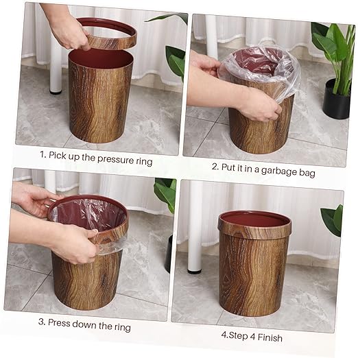 Vintage Wood Grain Wastebasket Small Trash Can with Pressure Ring Design for Kitchen Bathroom Bedroom Living Room Storage