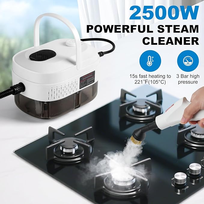 1L Handheld Steam Cleaner for Home and Kitchen Cleaning 2500W 15s Fast-Heating &amp 3 Speeds Portable Steam Cleaner Multi-Surface Deep Cleaning Supplies for Surface Corner Crevice (110V White)