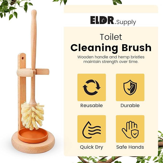Toilet Bowl Cleaner Brush with Holder 14 Inch Extra Long German Beechwood Handle Strong Hemp Bristles Ceramic Drip Tray Biodegradable