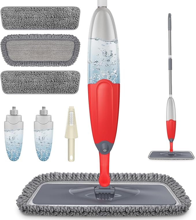 HOMTOYOU Spray Mops for Floor Cleaning with 2 Bottles and 3 Pads