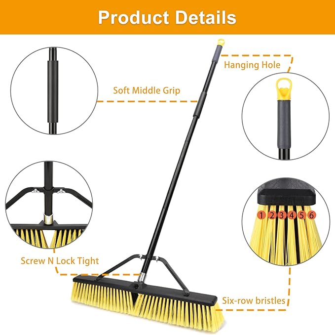 24 Inches Push Broom Outdoor Heavy Duty Broom with 63 Long Handle for Deck Driveway Garage Yard Patio Concrete Floor Cleaning Yellow
