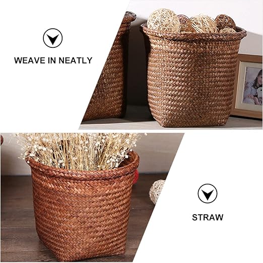 1pc Straw Woven Wastebasket Retro Garbage Can for Home Multi-Functional Storage Basket Smooth Edges Craftsmanship for Living Room Bedroom Office