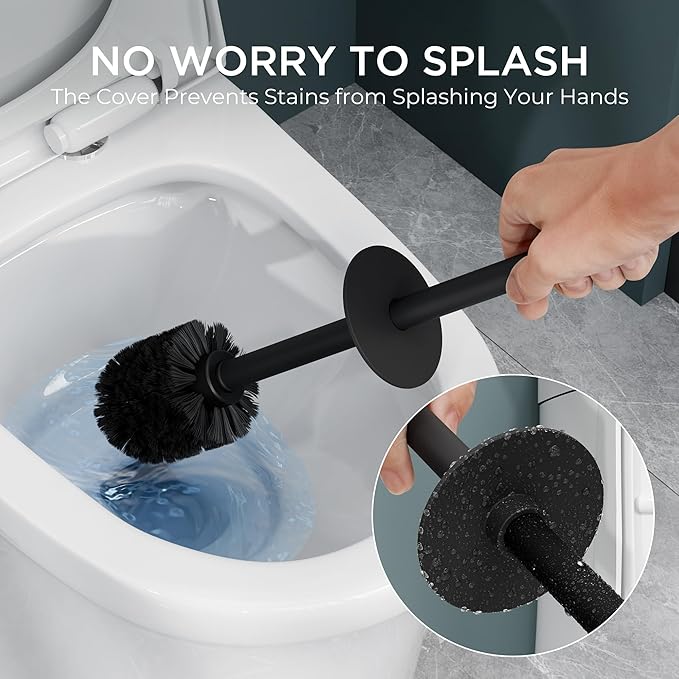 FORIOUS Toilet Brush and Holder Set Heavy Duty 304 Stainless Steel Base Square and Long Handle for Bathroom Deep Cleaning Drip-Proof Space Saving for Storage 2 Toilet Bowl Brush Head Black