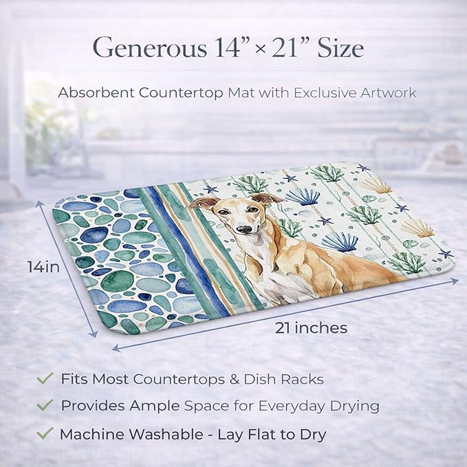 Caroline's Treasures Fawn Greyhound Coastal Sea Glass Dish Drying Mat Absorbent Dish Drying Mat Pad for Kitchen Counter Dish Drainer Mat for Countertop 14 x 21 Multicolor