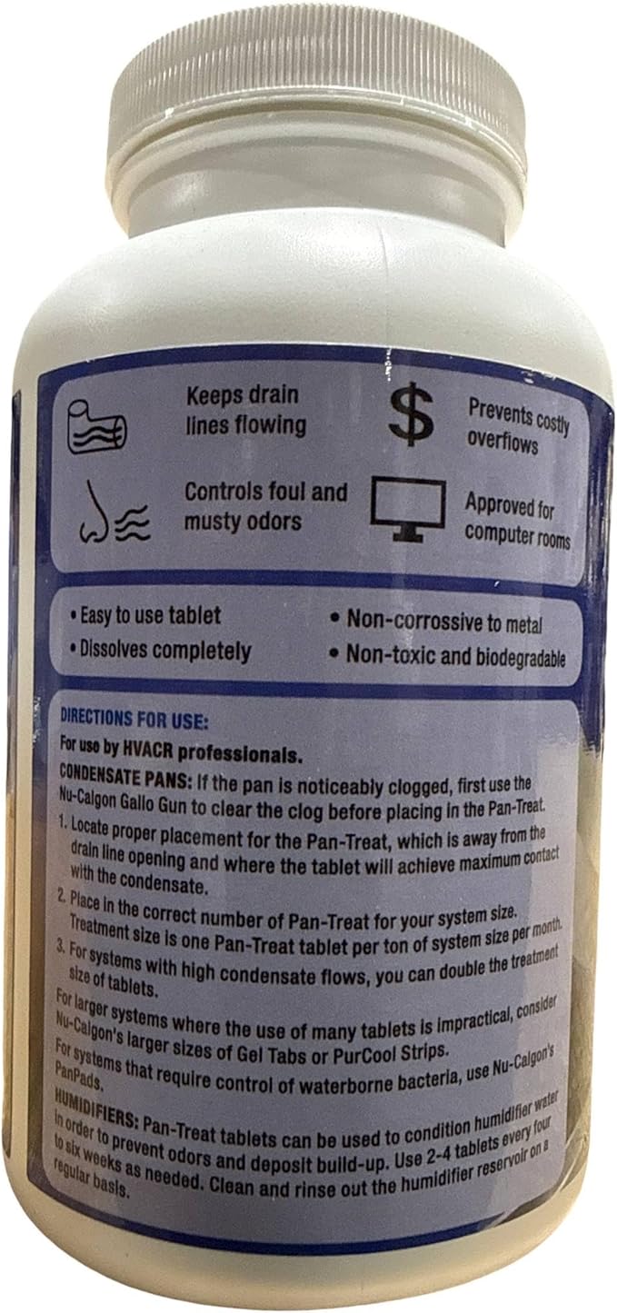 Nu-Calgon Upgraded 4296-60 Pan-Treat Condensate Drain Tablets (200 Tablets per Bottle) – Controls Odors &amp Prevents AC Drain Line Clogs Non-Toxic Non-Corrosive – Single Can [200 Tablets total].