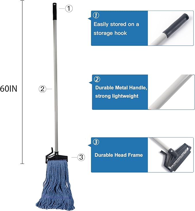 Matthew Easy Trigger Release Mop Handle 60 inch Metal Mop StickCommercial Mop Head Replacement Holder for Floor CleaningClip On Mop Handle Quick Change for Wet Mop Handle - 12Pack Gray