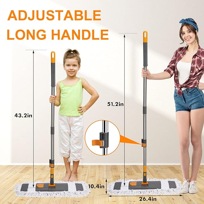 MASTERTOP Dust Mop for Floor Cleaning Microfiber Floor Mop with 2 Washable Pads Height Adjustable Long Handle 26.4'' Dry and Wet Flat Mop for Hardwood Laminate Tile Marble